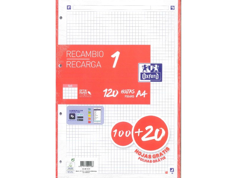 RECAMBIO 100+20 H. A-4 4/T OXFORD 5x5 90 GR ROJO