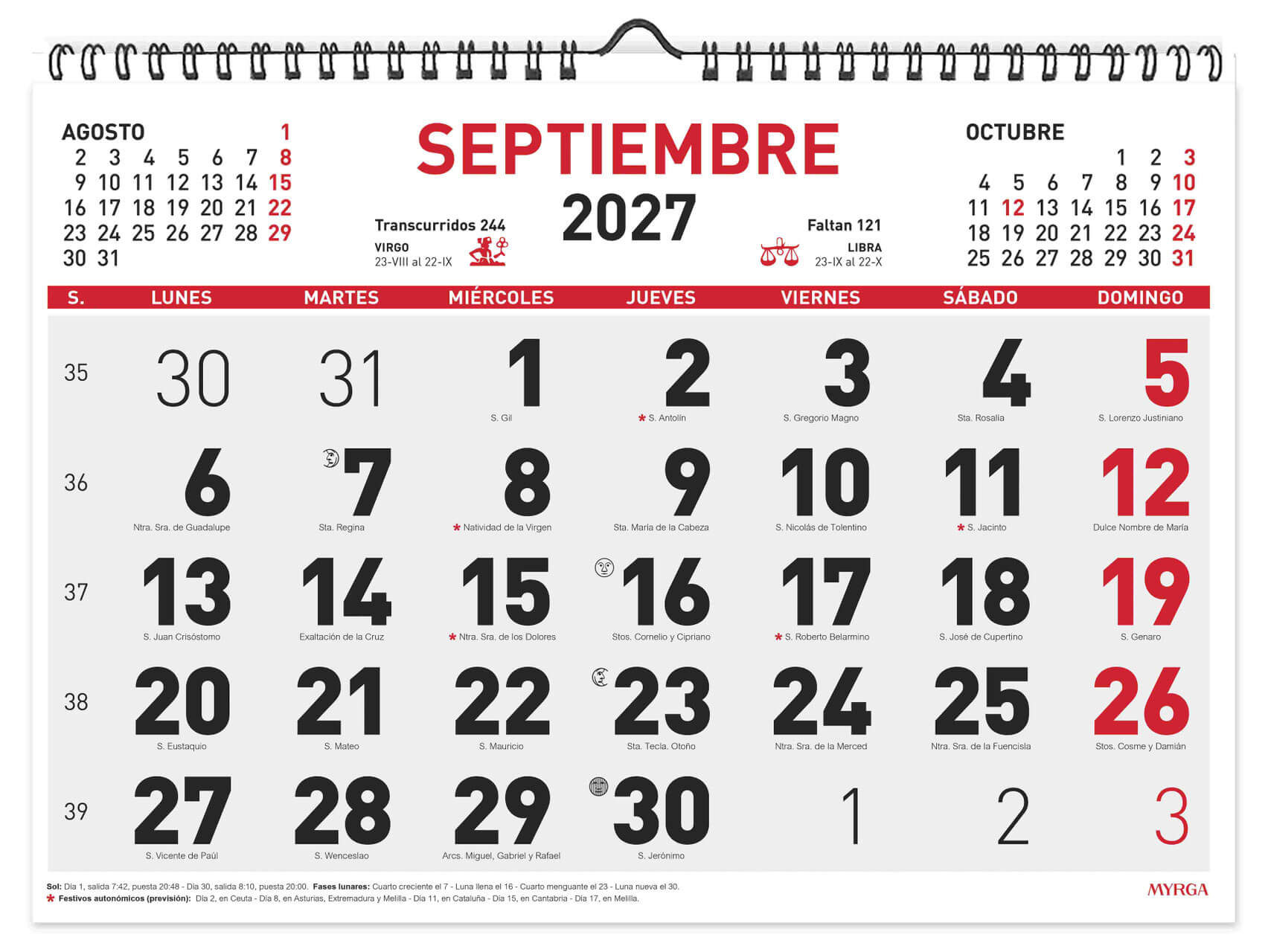 CALENDARIO 2027 PARED MYRGA 43x31 ESPIRAL 1595